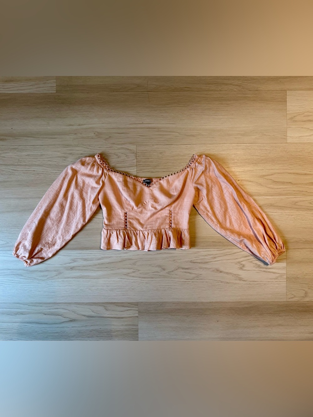 Express Peach Cropped Peasant Top with Puff Sleeves